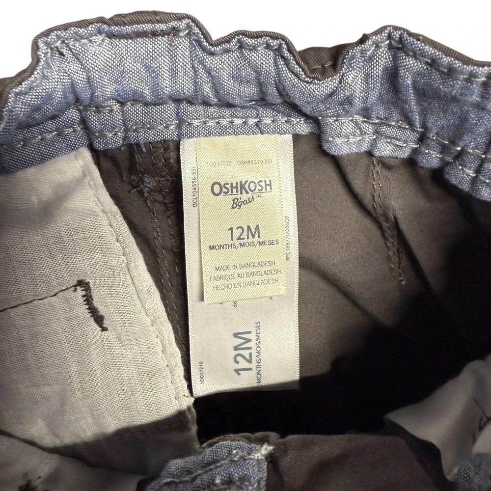 OshKosh B'gosh Baby Boys Gray Twill Pants Elastic Waist‎ Button Closure Size 12M